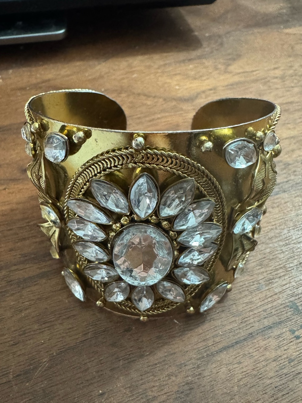 Goldtoned Flower Open Metal Cuff Bracelet w/Rhinestone Accents *READ*